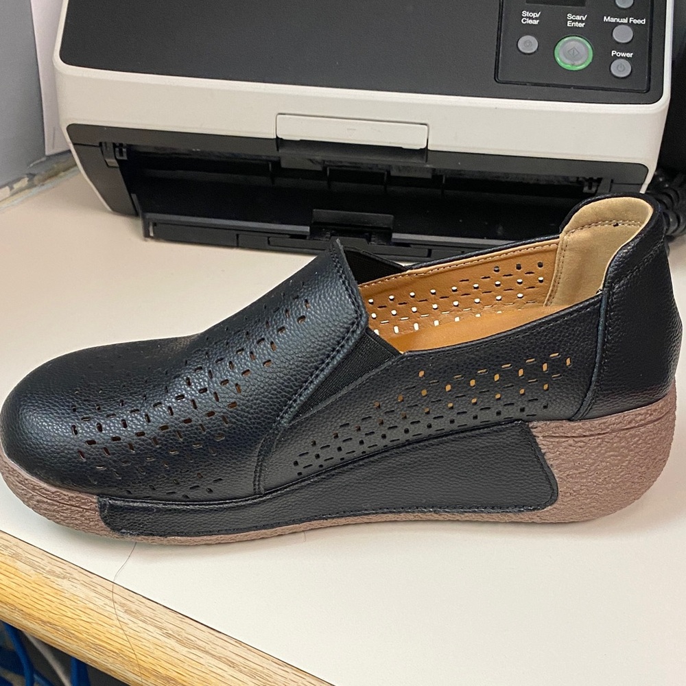 Black Leather Slip-On Women's Shoes